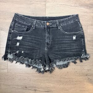 Distressed Black Denim Shorts